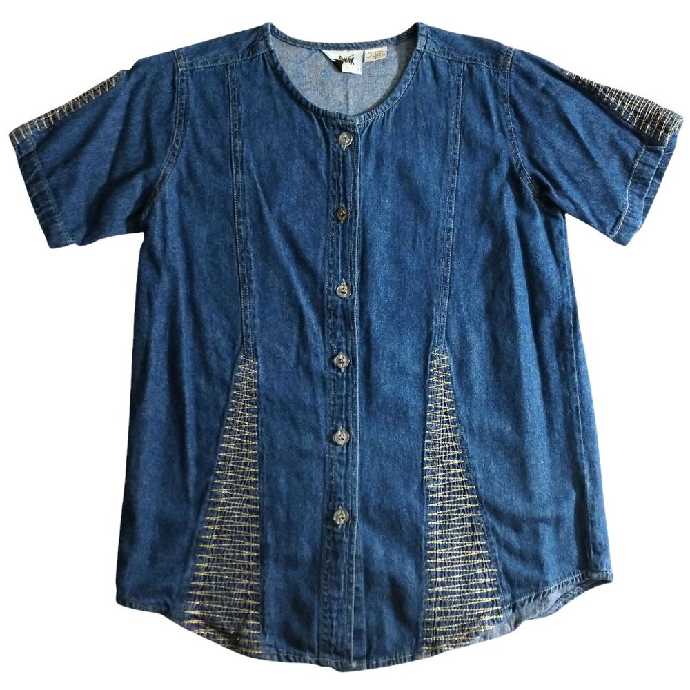 Mira Max Women's Blue Jean Embroidered Short Sleeve Button Up Shirt S Small